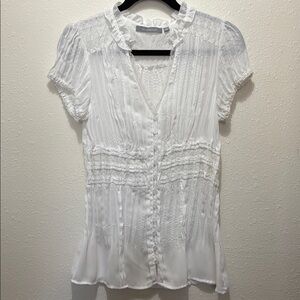 NY Collection Elegant White Lace Trim Blouse, Size M
